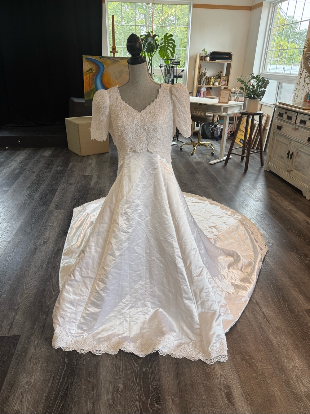 Signature White Lace Bodice Satin A-Line Wedding Gown
